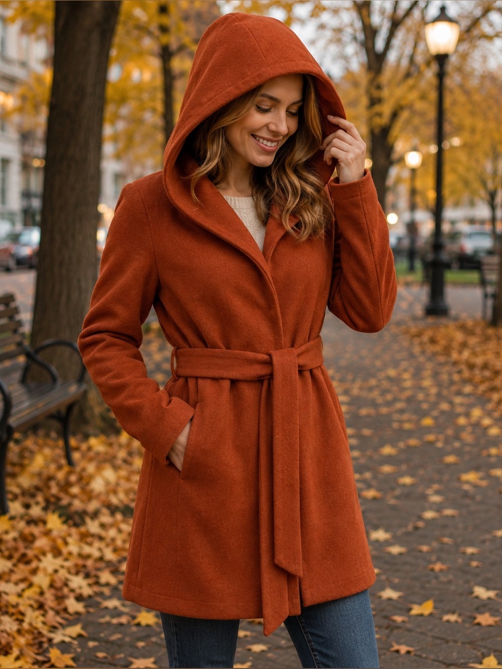 Rust Belted Wrap Coat Hooded Lightweight Trench Style Women’s Size M